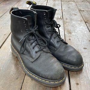 Black on black, Unisex,  Dr. Martens lace up boots. Size 9 men/10 women.